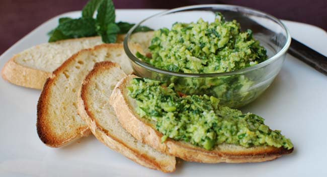 Fava, Arugula and Mint Crostini