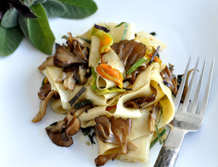 Post image for Hand Cut Pasta with Maitake Mushrooms and Squash Blossoms
