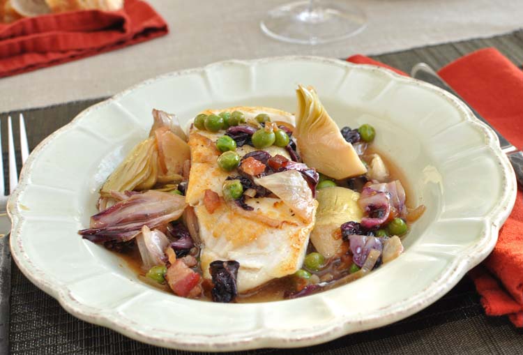 Post image for Roasted Halibut with Radicchio-Pancetta Sauce, Peas and Artichokes from “Good Fish”
