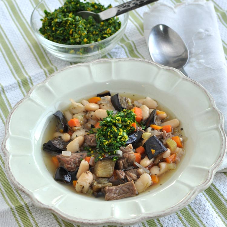 BeefbeanseggplantSQ Cannellini Bean Soup with Beef, Roasted Eggplant and Orange Gremolata