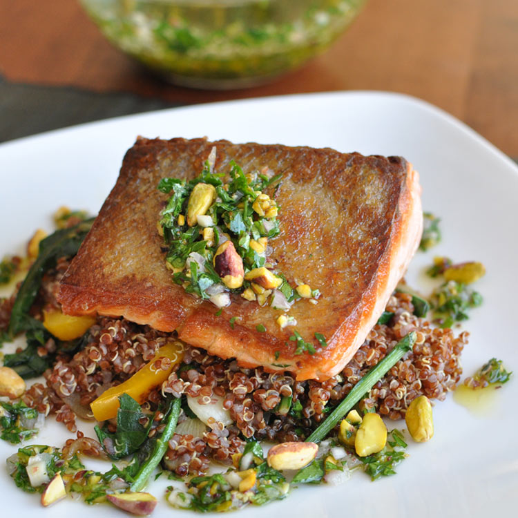 Post image for Wild Salmon with Quinoa, Dandelion Greens and Parsley Pistachio Vinaigrette