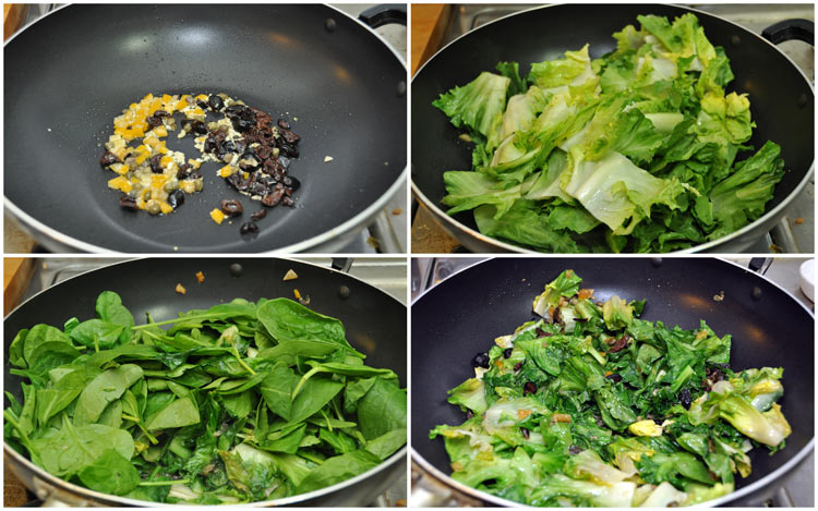 Escarole and Spinach with Olives, Capers, Anchovy and Preserved Lemon